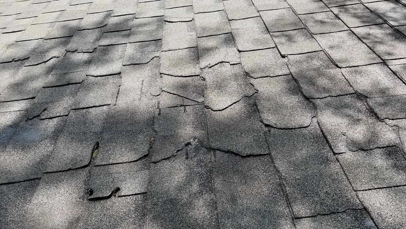 Close-up of an ageing asphalt shingle roof showing lifted, cracked and granule-stripped shingles
