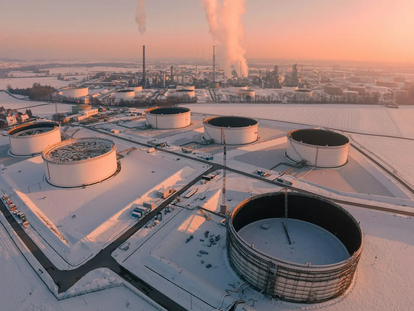 Aerial view of a bulk storage tank farm in winter
