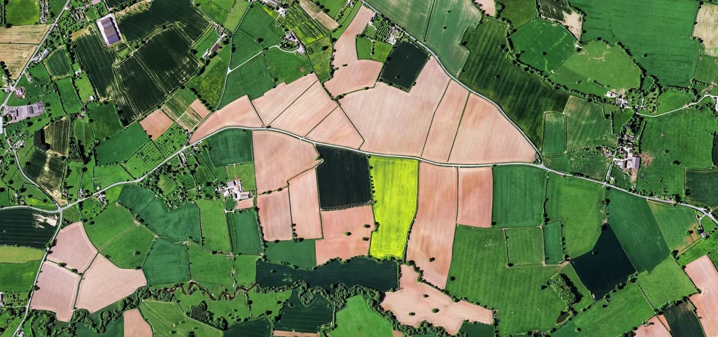 Aerial view of a patchwork of farm fields