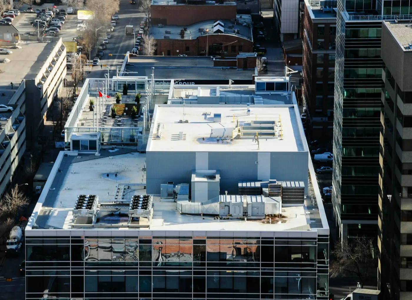 Flat roof of an office building with rooftop equipment