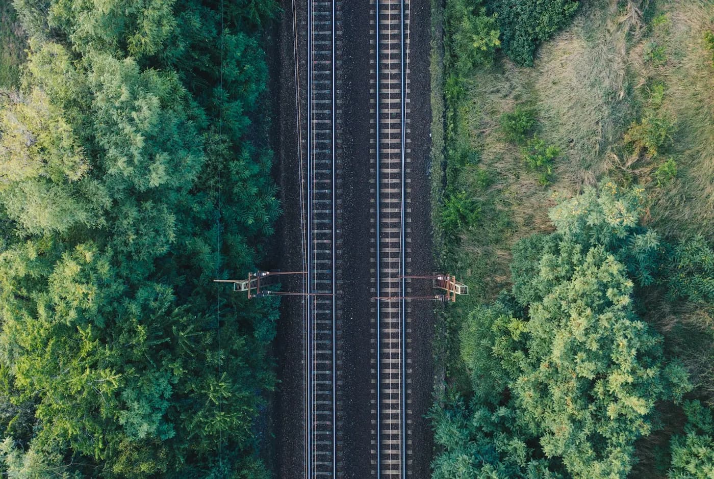 Straight-down view of a railway line through forest