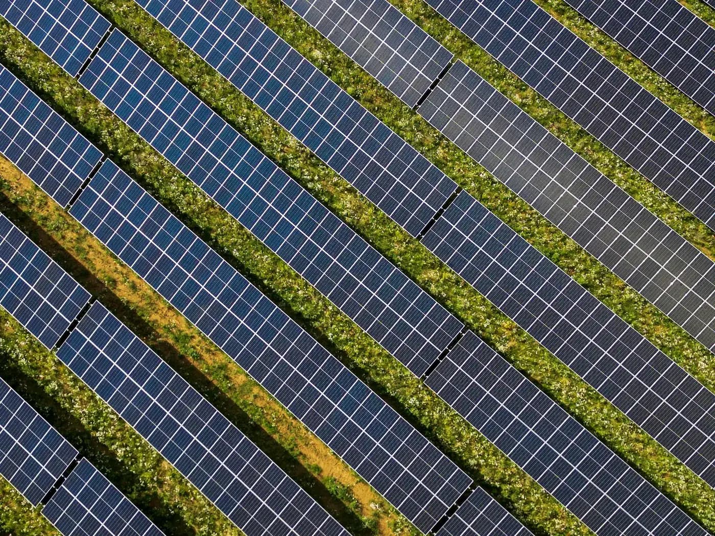 Diagonal rows of photovoltaic panels seen from directly above